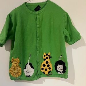 Vintage Morgan Cole Green Cat Beaded Patch Work Short Sleeve Button Up Cardigan